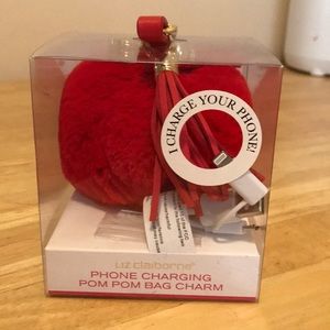 Phone charging pom pom bag charm RED